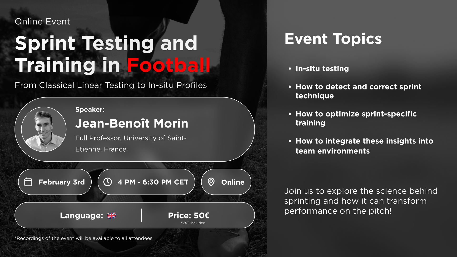 Sprint Testing and Training in Football webinar cover.